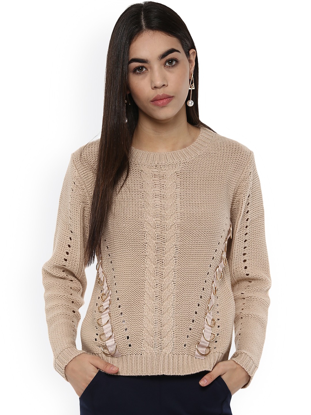 

Kazo Women Beige Self Design Pullover