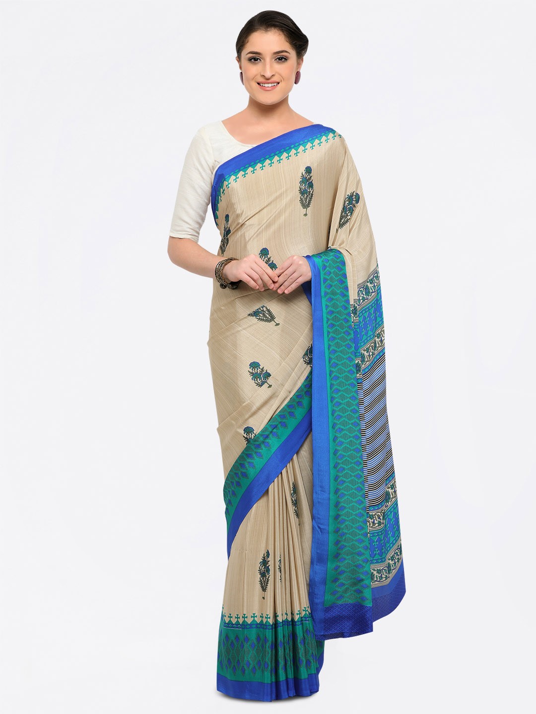 

Saree mall Beige & Blue Poly Crepe Printed Saree