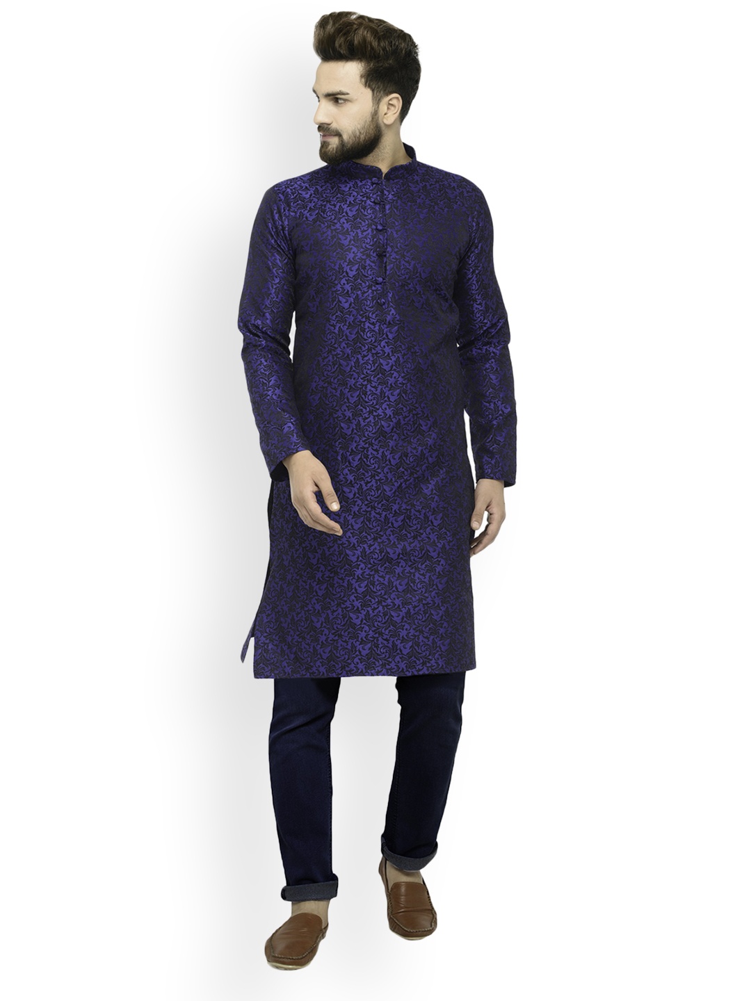 

Jompers Men Blue & Black Woven Design Straight Kurta