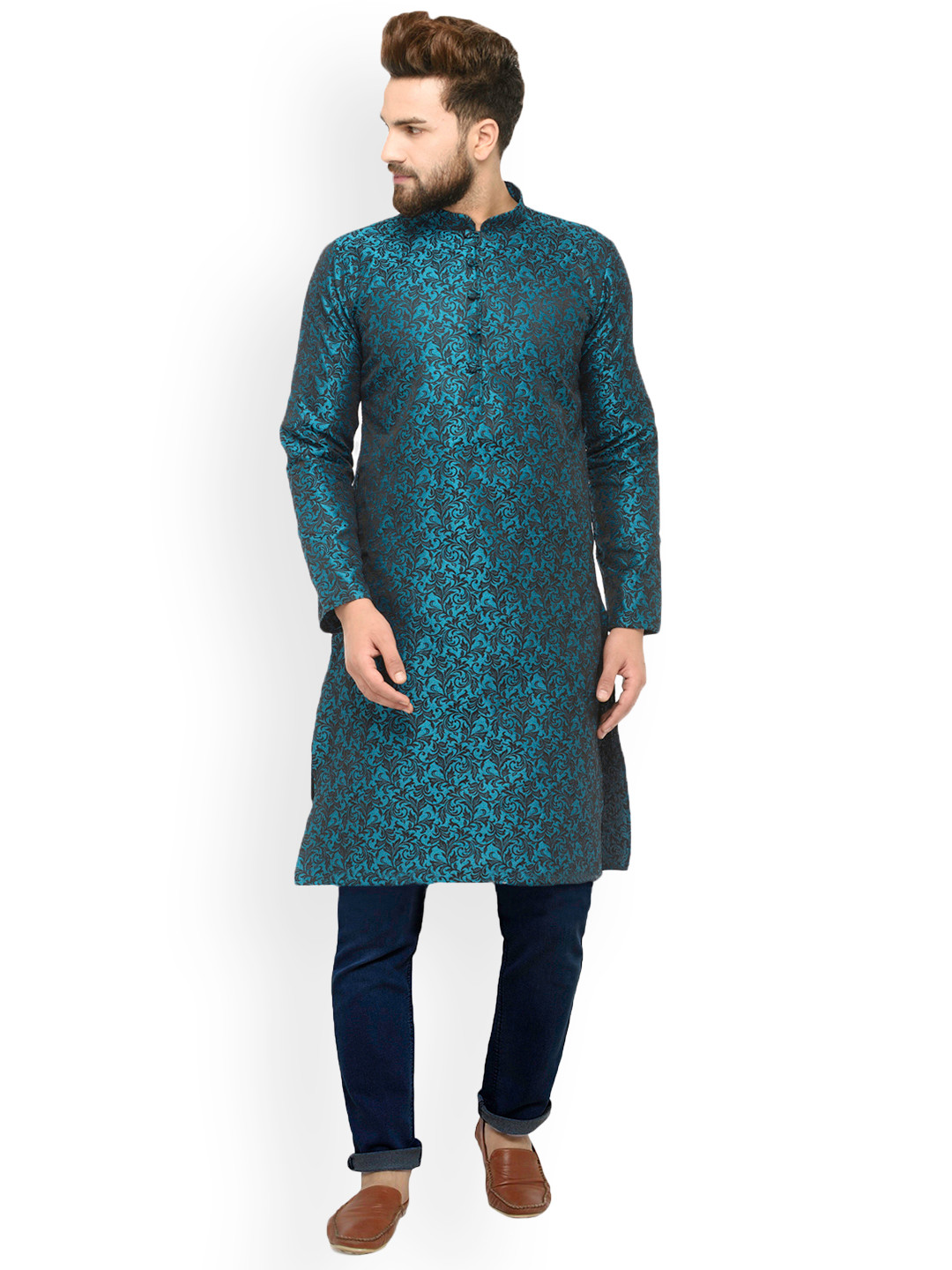 

Jompers Men Green & Black Woven Design Straight Kurta