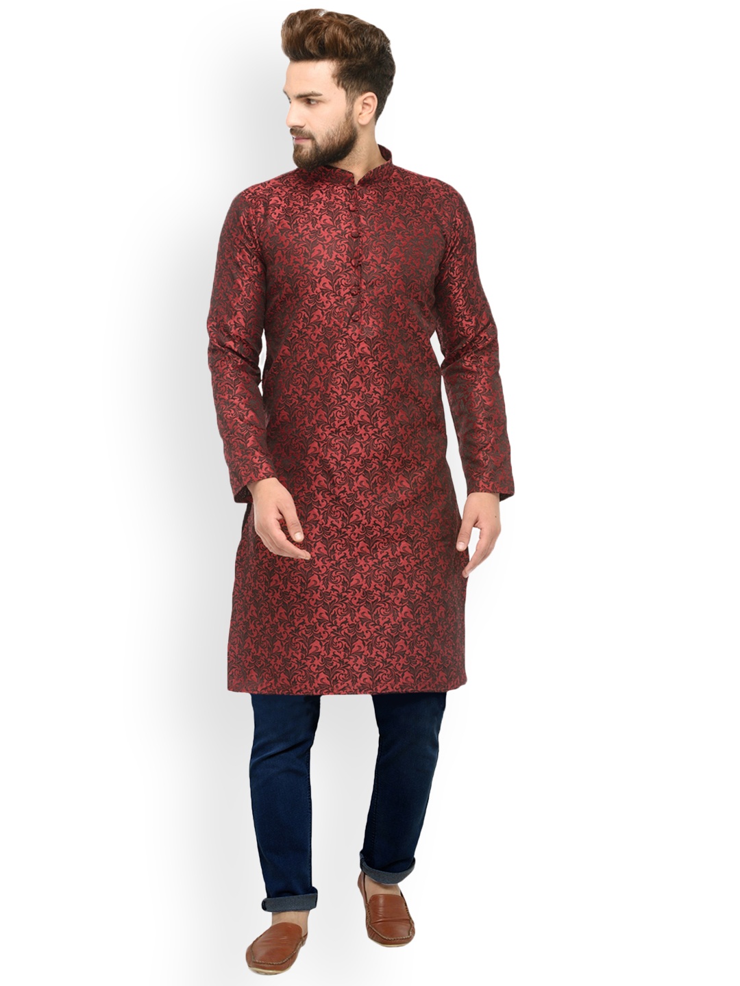 

Jompers Men Maroon & Black Woven Design Straight Kurta