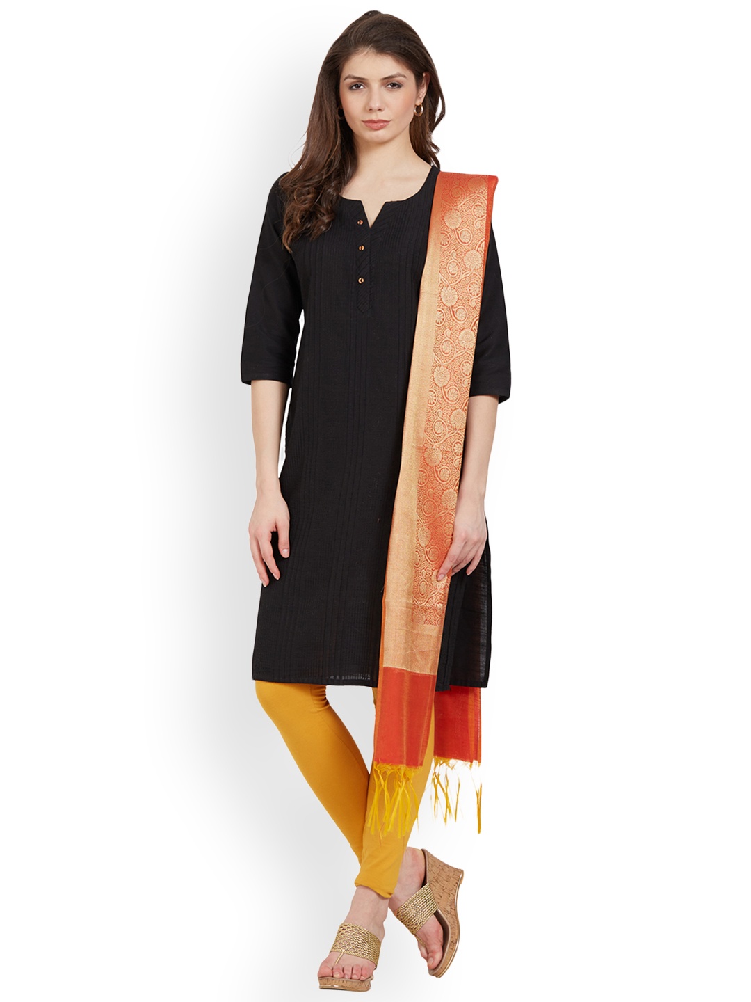 

Kvsfab Rust Red Zari Woven Chanderi Dupatta