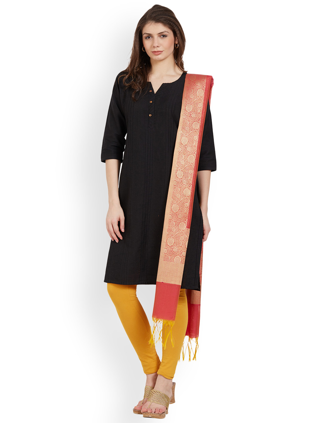 

Kvsfab Coral Red Zari Woven Chanderi Dupatta