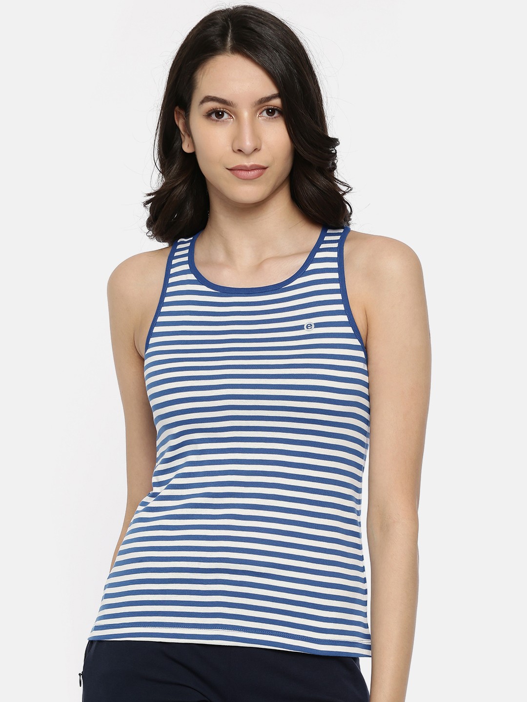 

Enamor White & Blue Striped Slim Fit Lounge Tank Lounge T-shirt