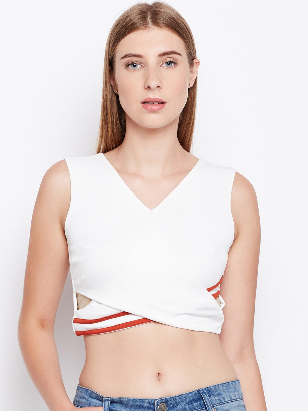 

Madame Women Off-White Solid Crop Wrap Top