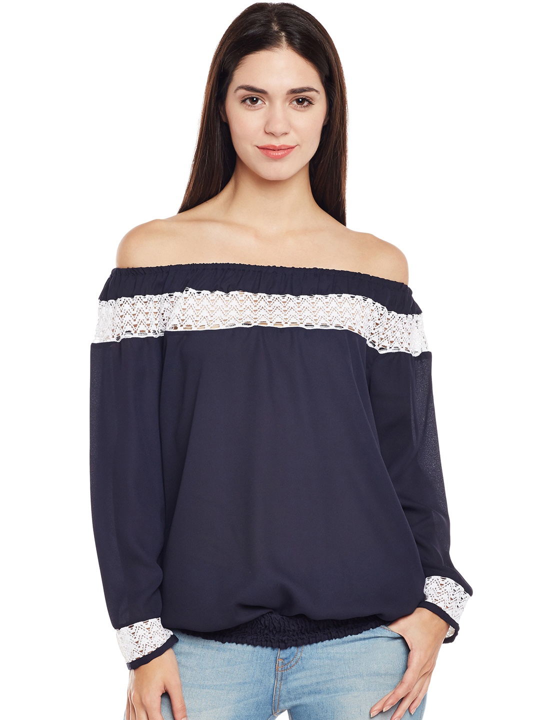 

Ruhaans Women Navy Blue Self Design Blouson Top