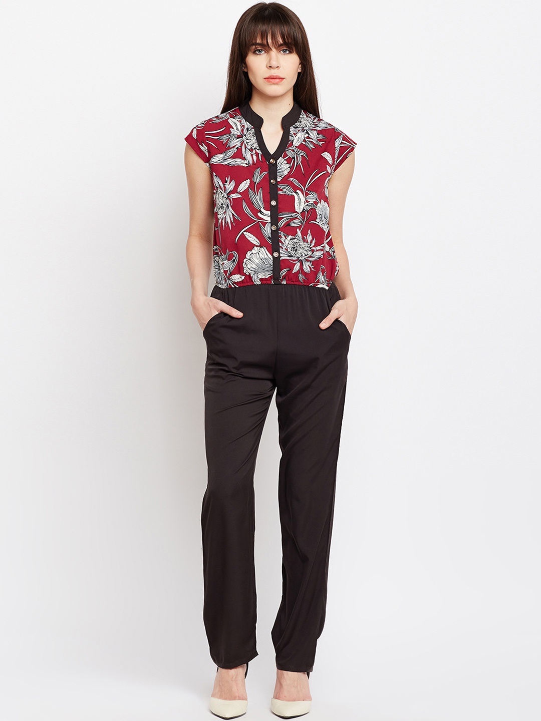 

Ruhaans Women Maroon & Black Printed Basic Jumpsuit