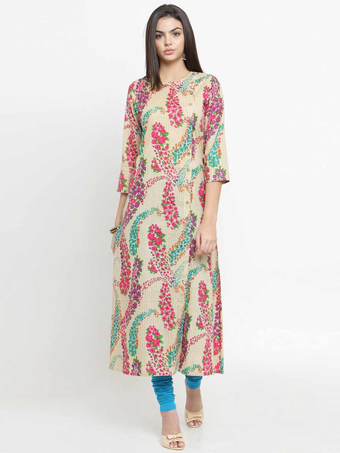 

Jompers Women Beige & Pink Floral Printed A-Line Kurta
