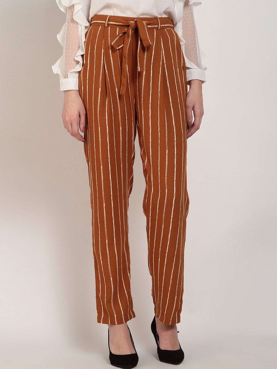 

Marie Claire Women Mustard & Brown Regular Fit Striped Cigarette Trousers
