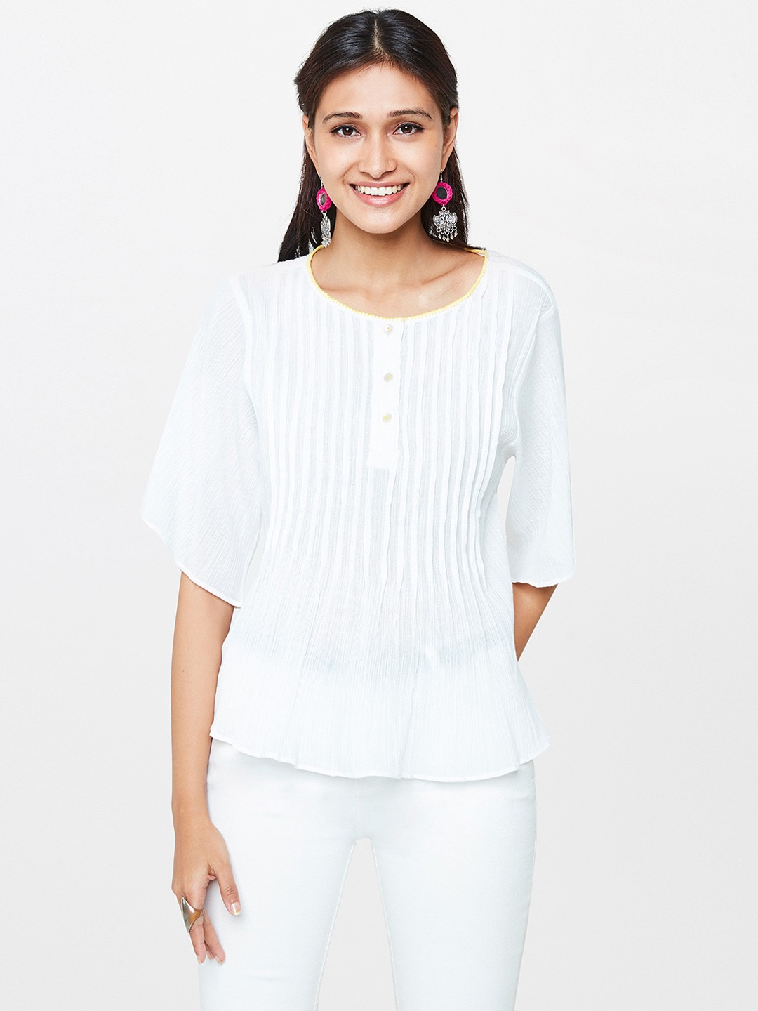 

Global Desi Women White Solid Pure Cotton Top