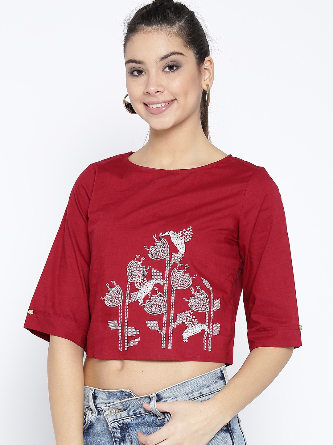 

Global Desi Women Maroon Printed Pure Cotton Top