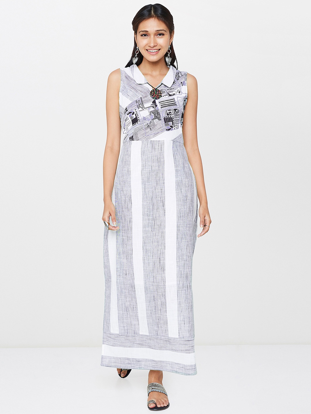 

Global Desi Women White Striped Maxi Dress