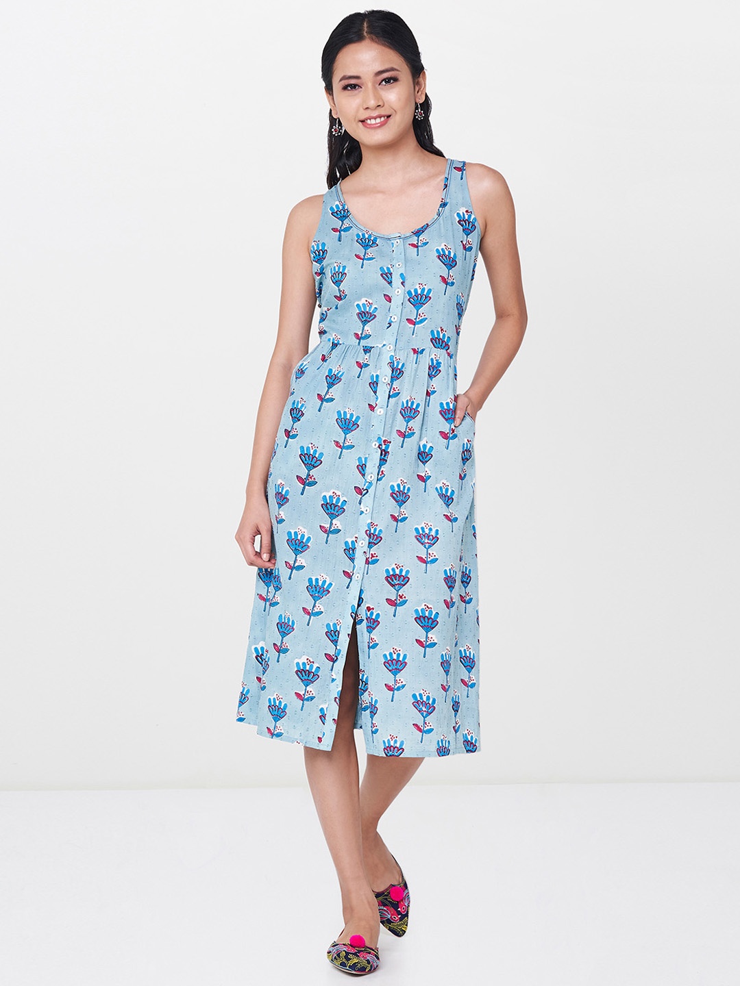 

Global Desi Women Blue Printed A-Line Dress