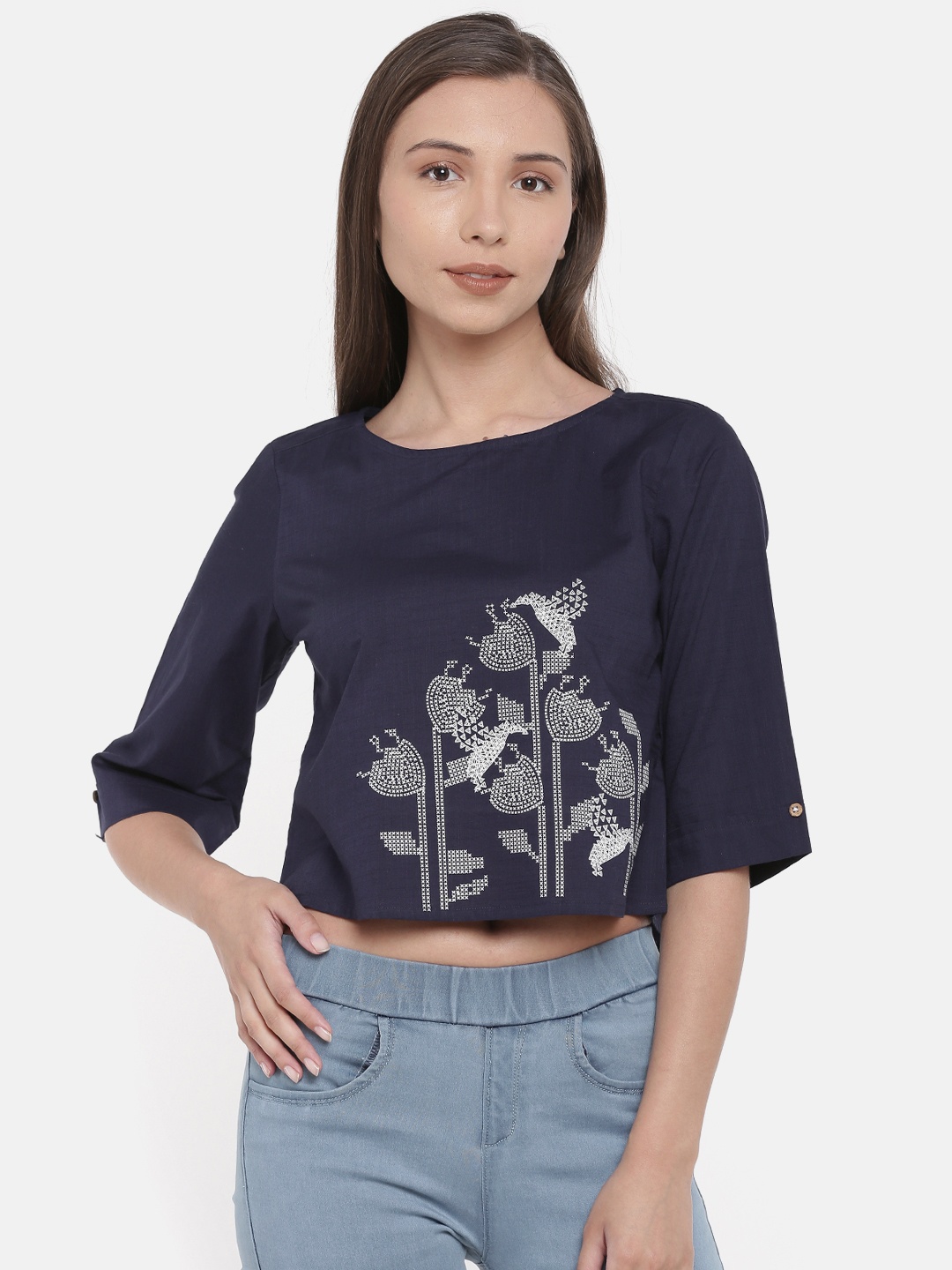 

Global Desi Women Navy Printed Crop Pure Cotton Top, Navy blue