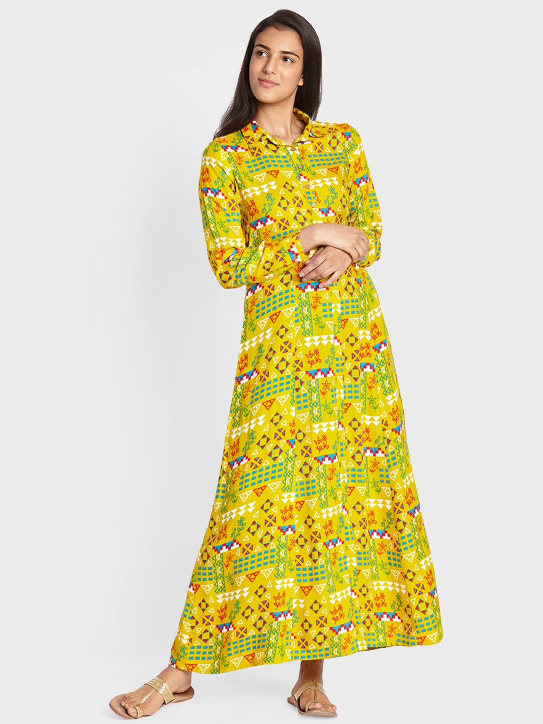 

Global Desi Women Mustard Yellow Printed Maxi Dress