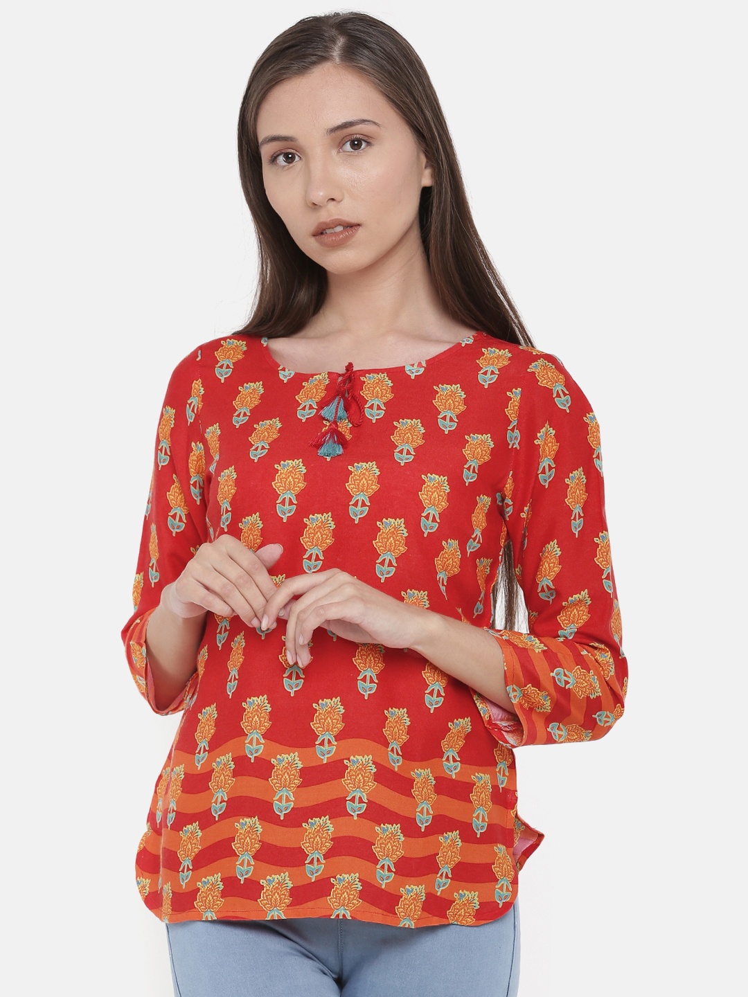 

Global Desi Women Coral Printed Top
