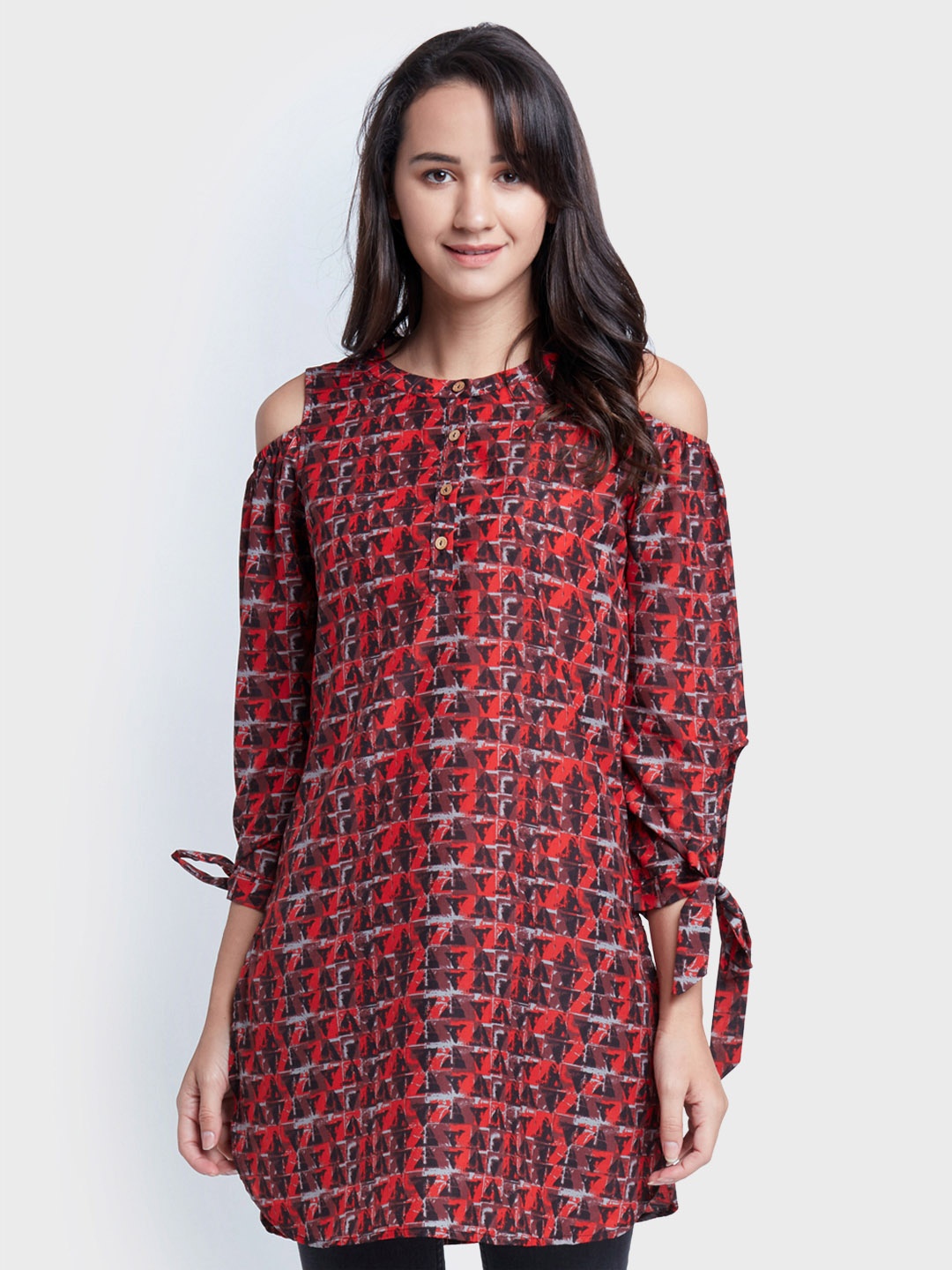 

Global Desi Red & Black Printed Cold-Shoulder Tunic