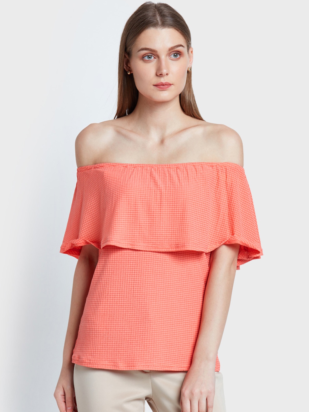 

AND Women Peach-Coloured Self-Design Bardot Top