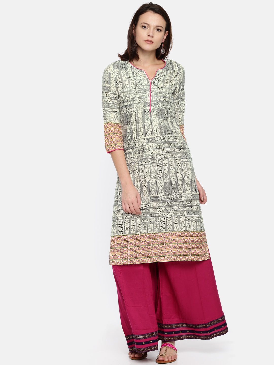 

Rangriti Women Beige & Black Printed Straight Kurta