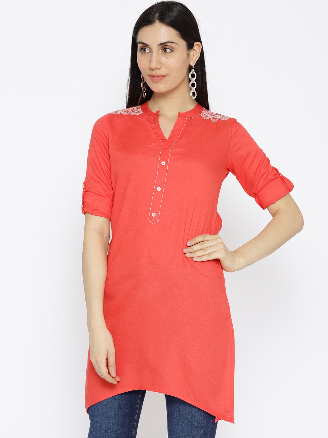 

Rangriti Women Coral Orange Solid Longline Top