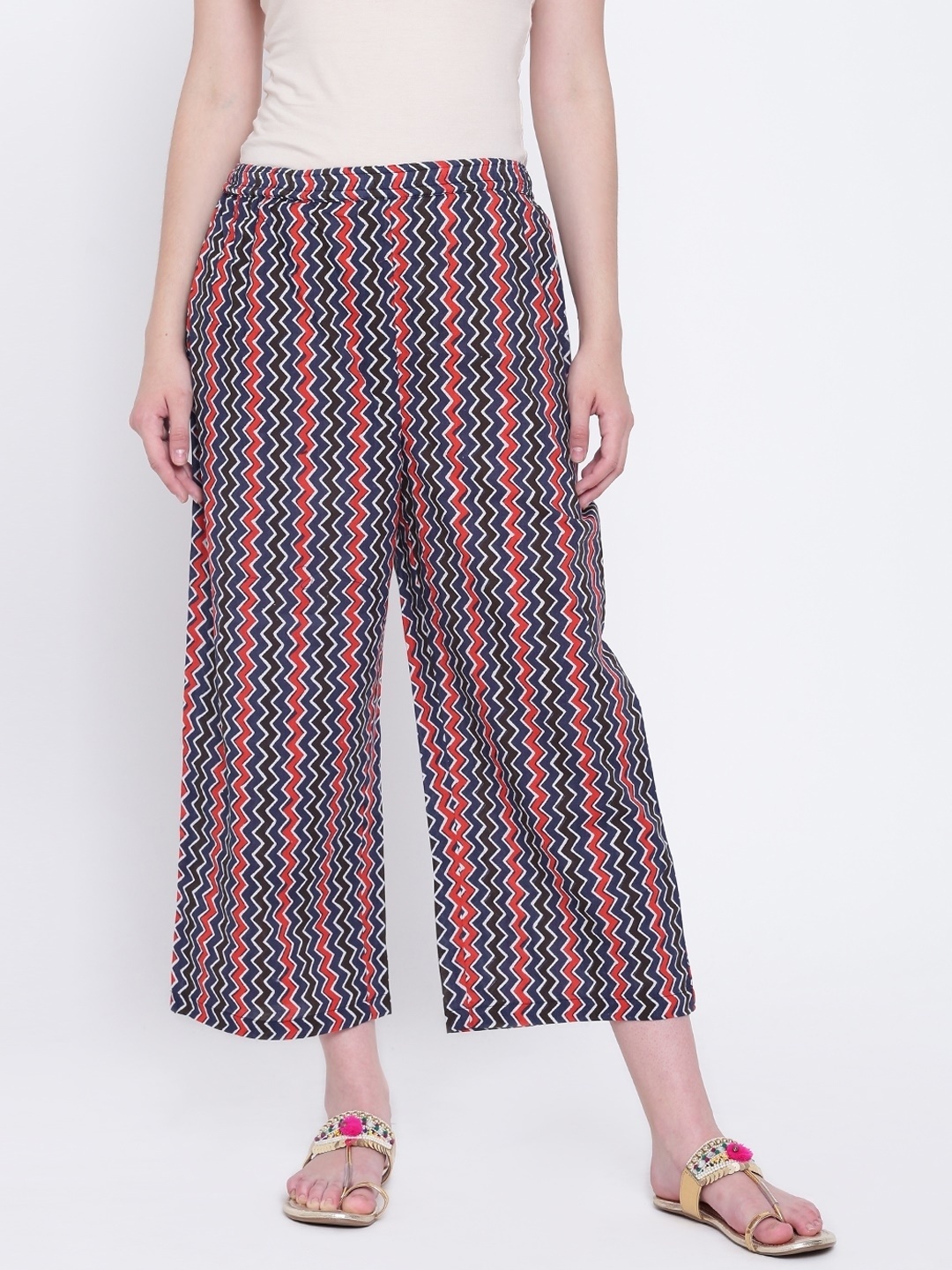 

Rangriti Women Navy Blue & Red Striped Straight Cropped Palazzos