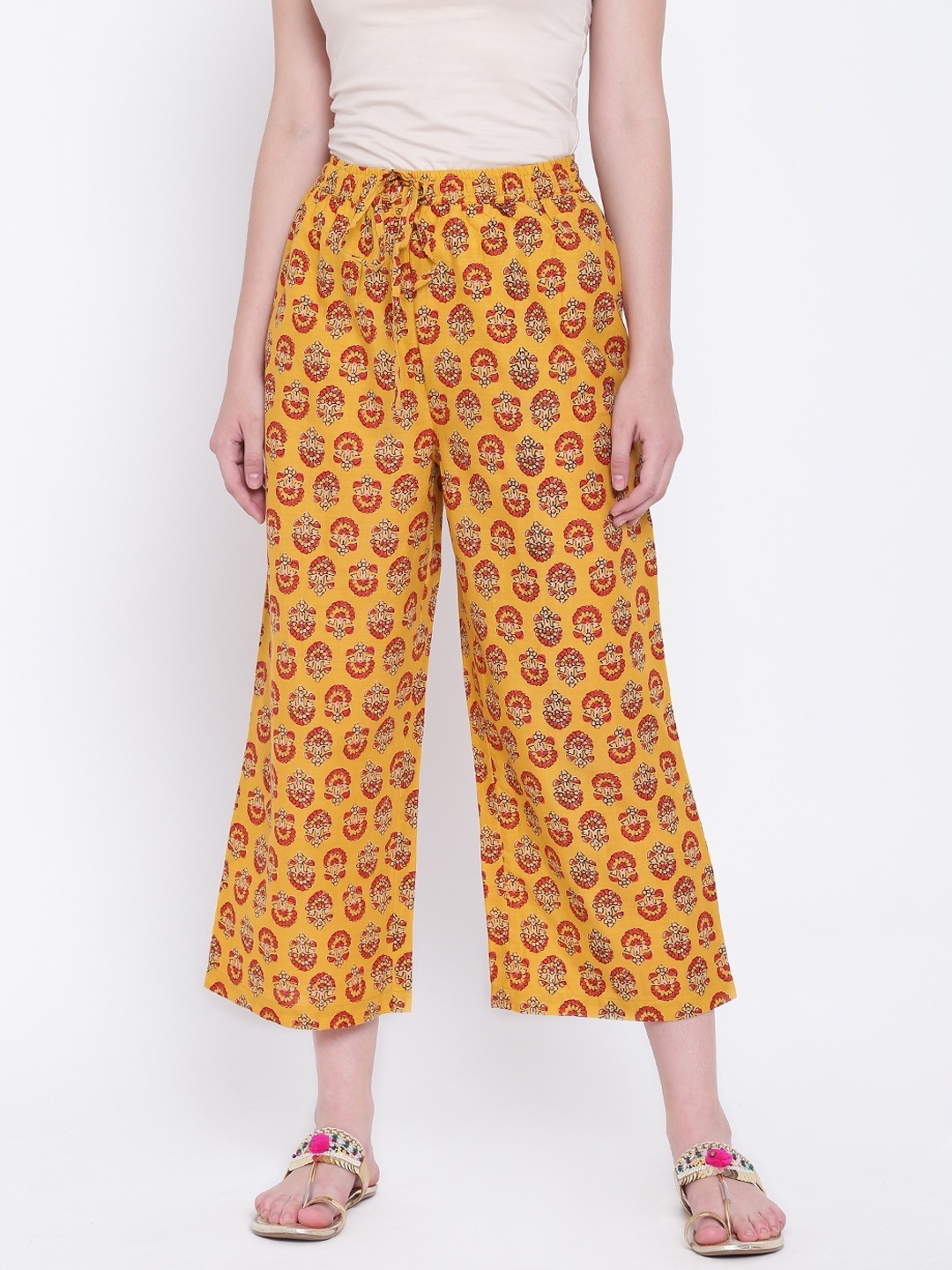 

Rangriti Women Mustard Yellow & Red Printed Straight Cropped Palazzos