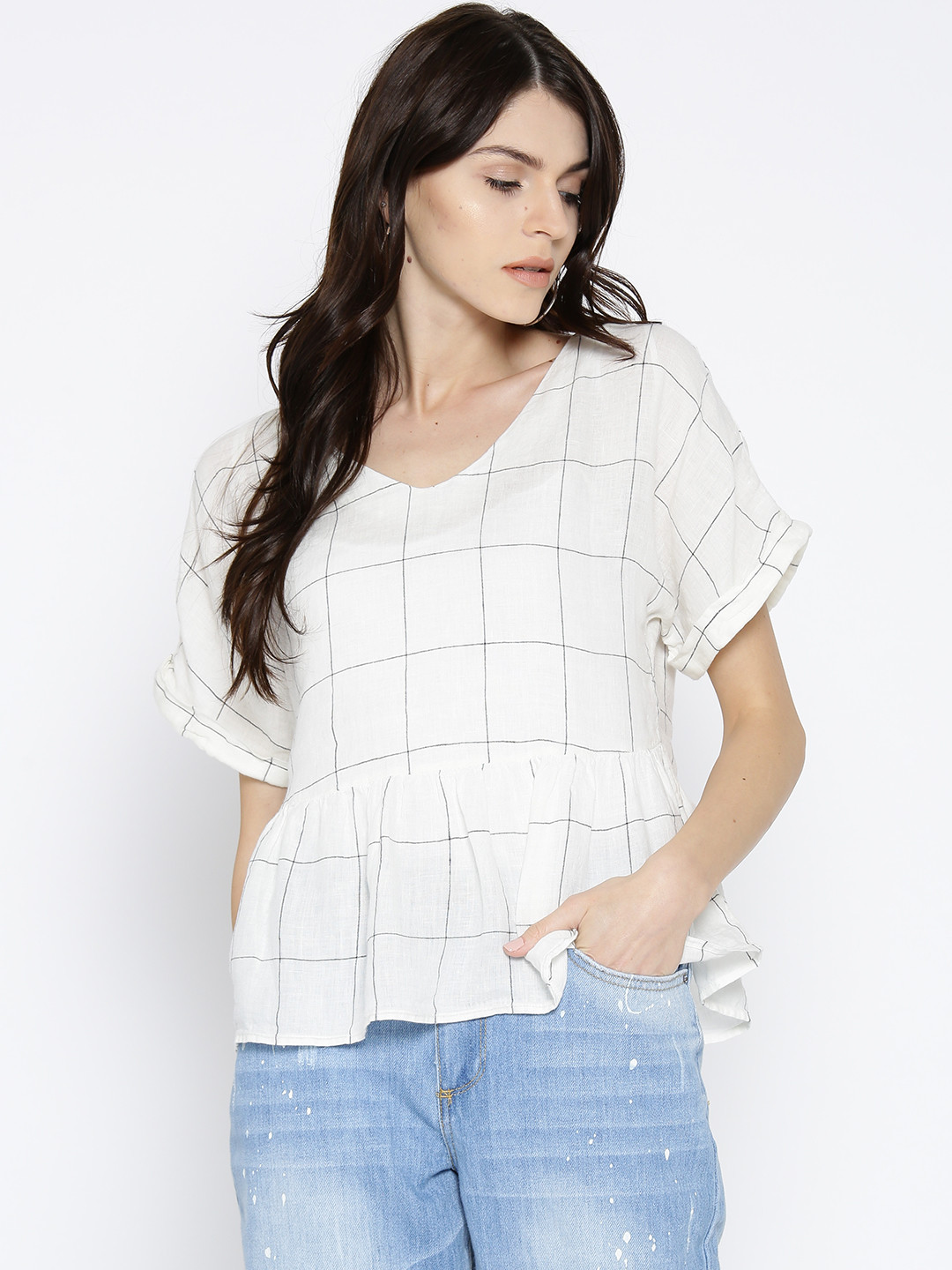 

MANGO Women White & Black Linen Checked Styled Back Top