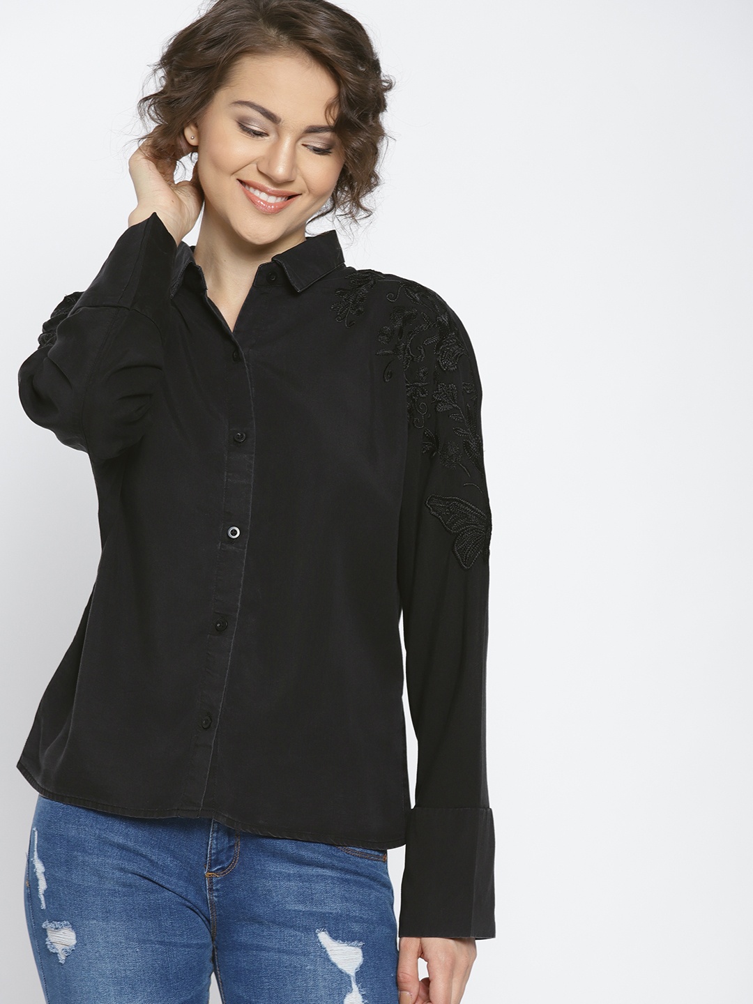

MANGO Women Black Regular Fit Solid Casual Shirt