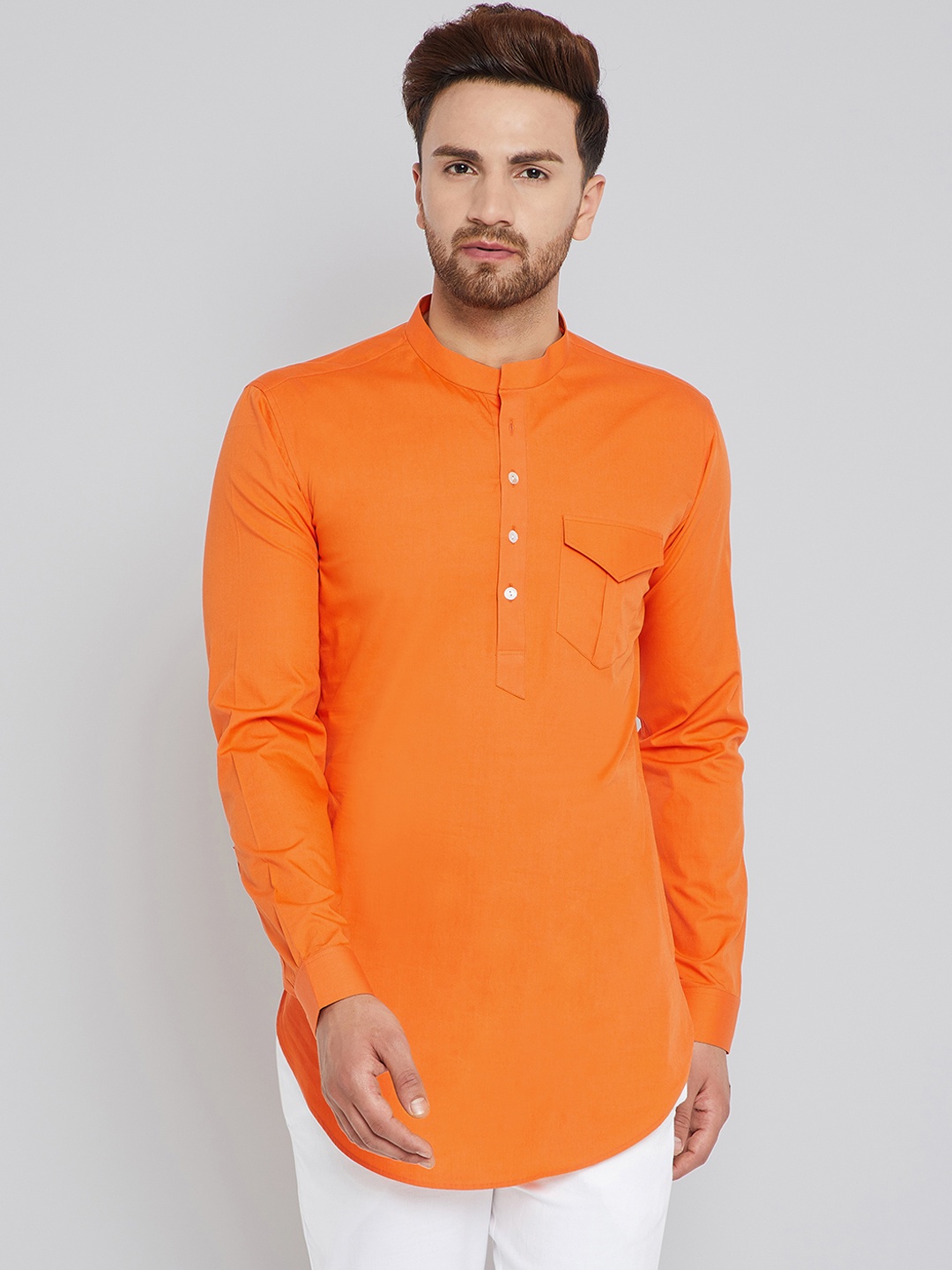 

See Designs Men Orange Solid Straight Cotton Kurta