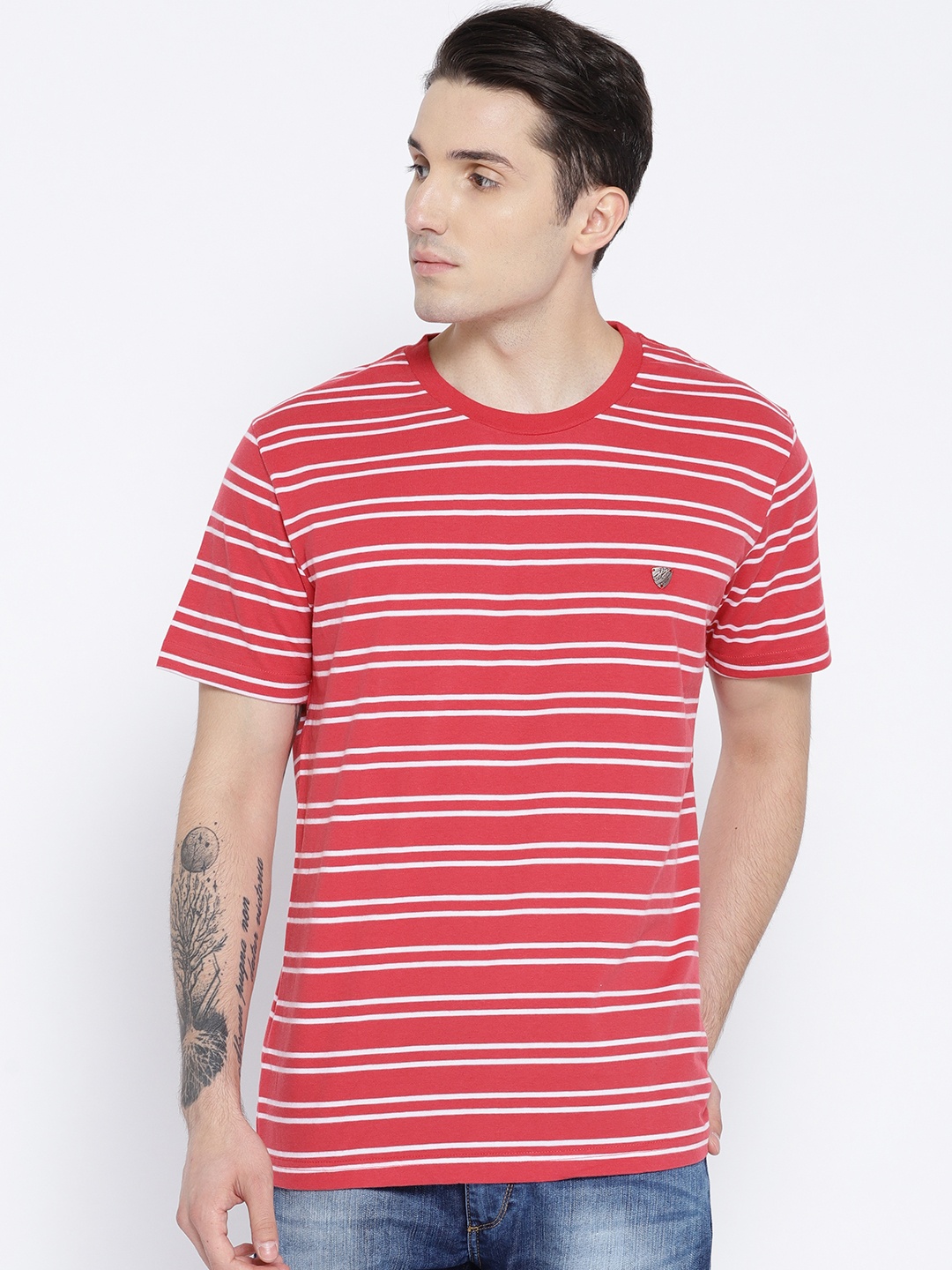 

John Players Men Red & White Striped Round Neck T-shirt