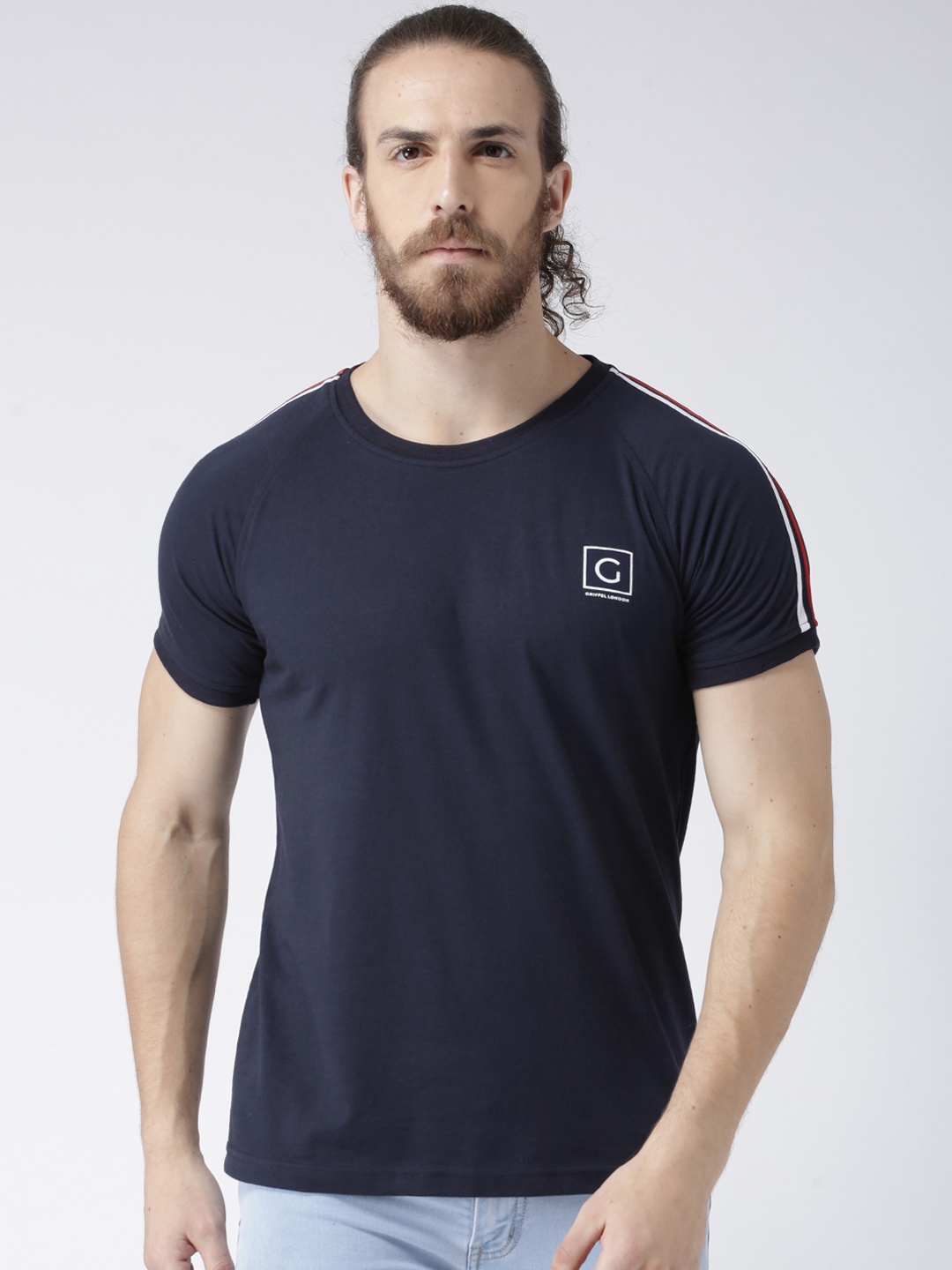 

GRIFFEL Men Navy Blue Solid Round Neck T-shirt