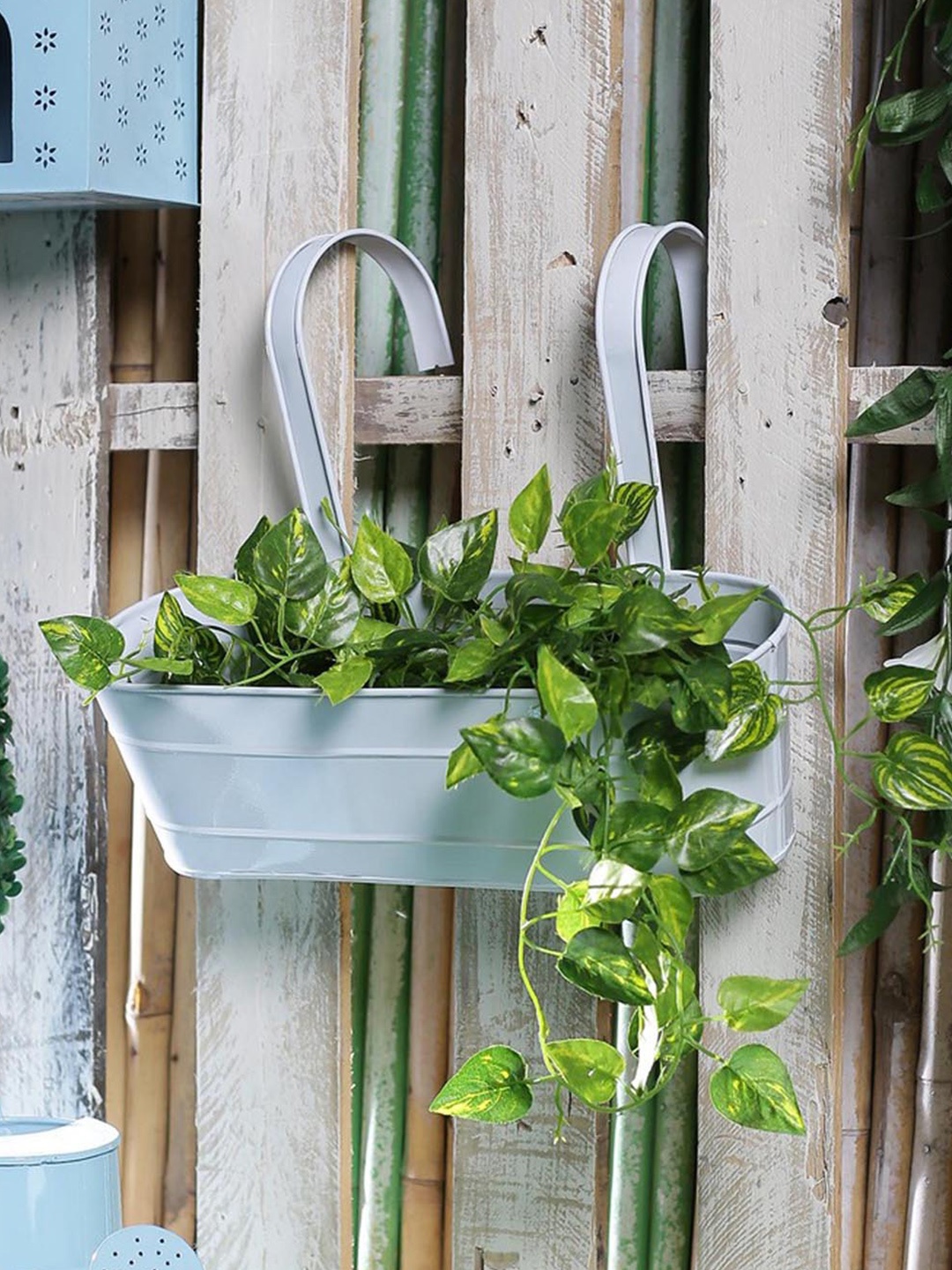 

green girgit White Metal Oval Railing Planter