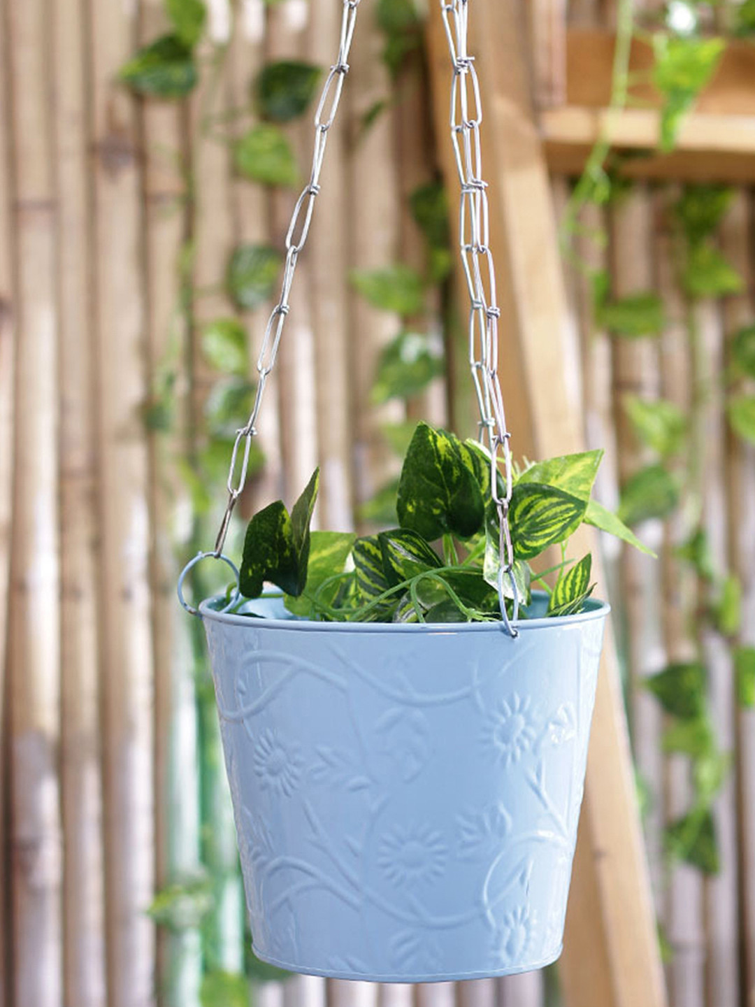 

green girgit Blue Metal Hanging Bucket Planter