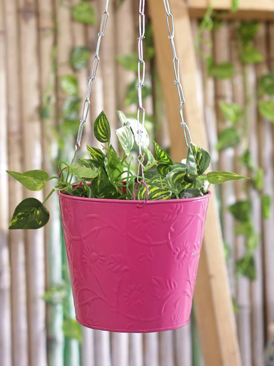 

green girgit Pink Metal Hanging Bucket Planter