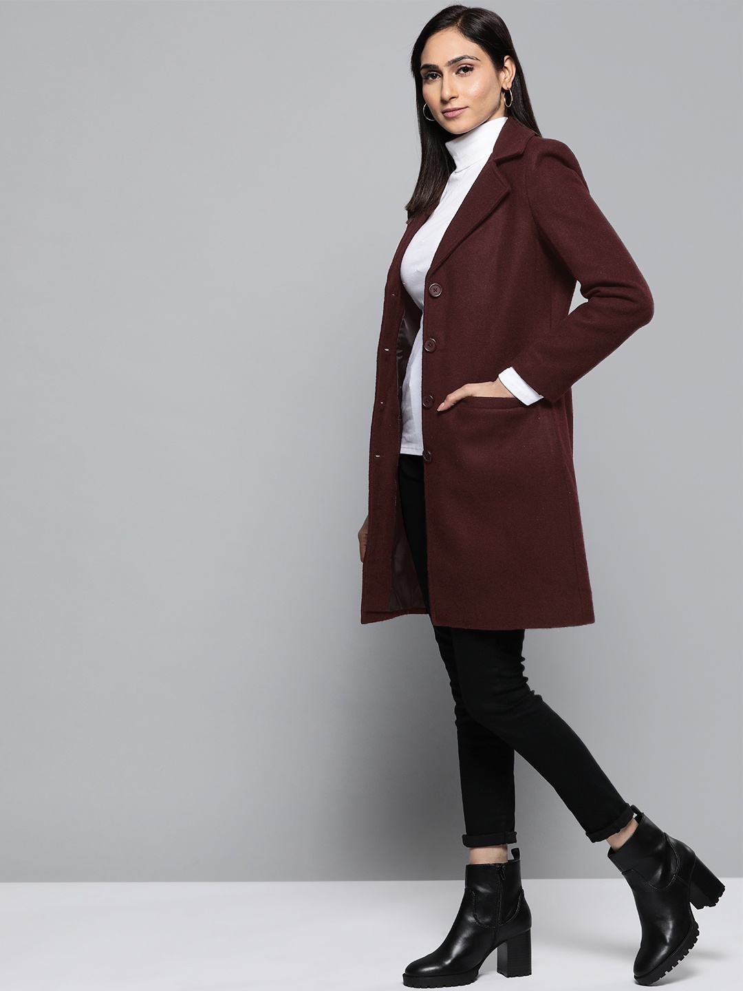 

Chemistry Women Burgundy Solid Trench Coat