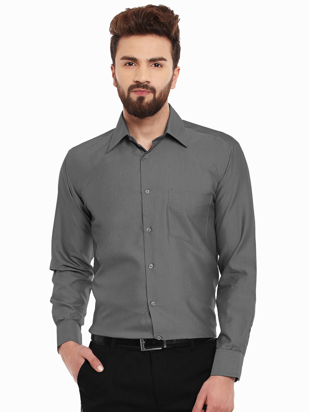 

Hancock Men Grey Slim Fit Self Design Formal Shirt