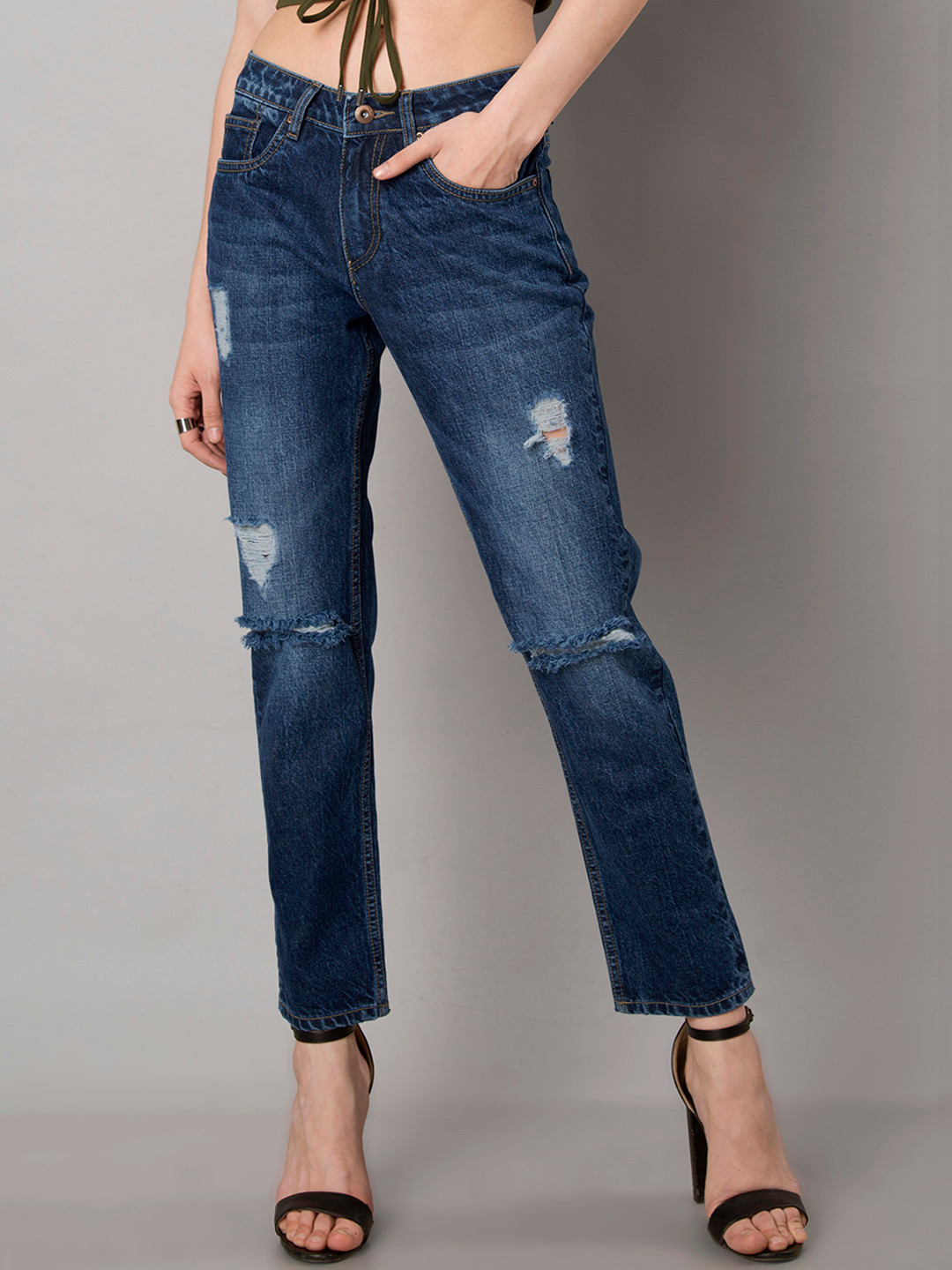 

FabAlley Women Blue Boyfriend Fit Mid-Rise Slash Knee Jeans
