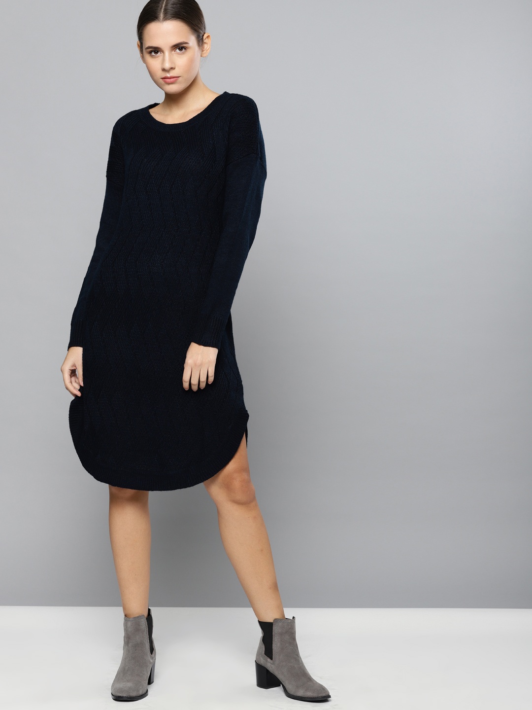 

Chemistry Women Navy Blue Self Design Longline Pullover