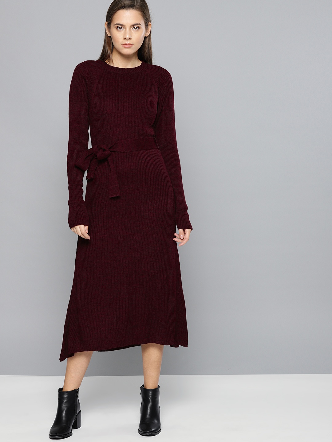 

Chemistry Women Maroon Ribbed Sweater Dress