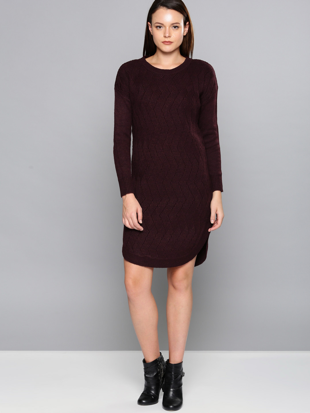 

Chemistry Maroon Self-Design Jumper Dress, Na