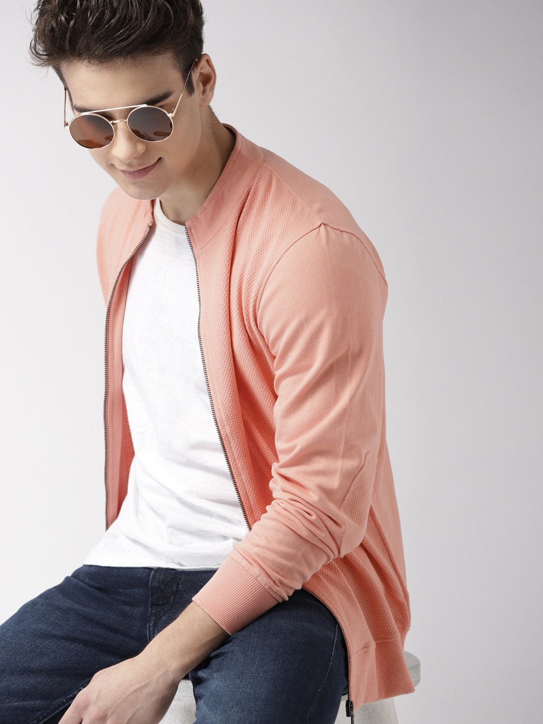 Mast & Harbour Men Peach-Coloured Solid Sweatshirt