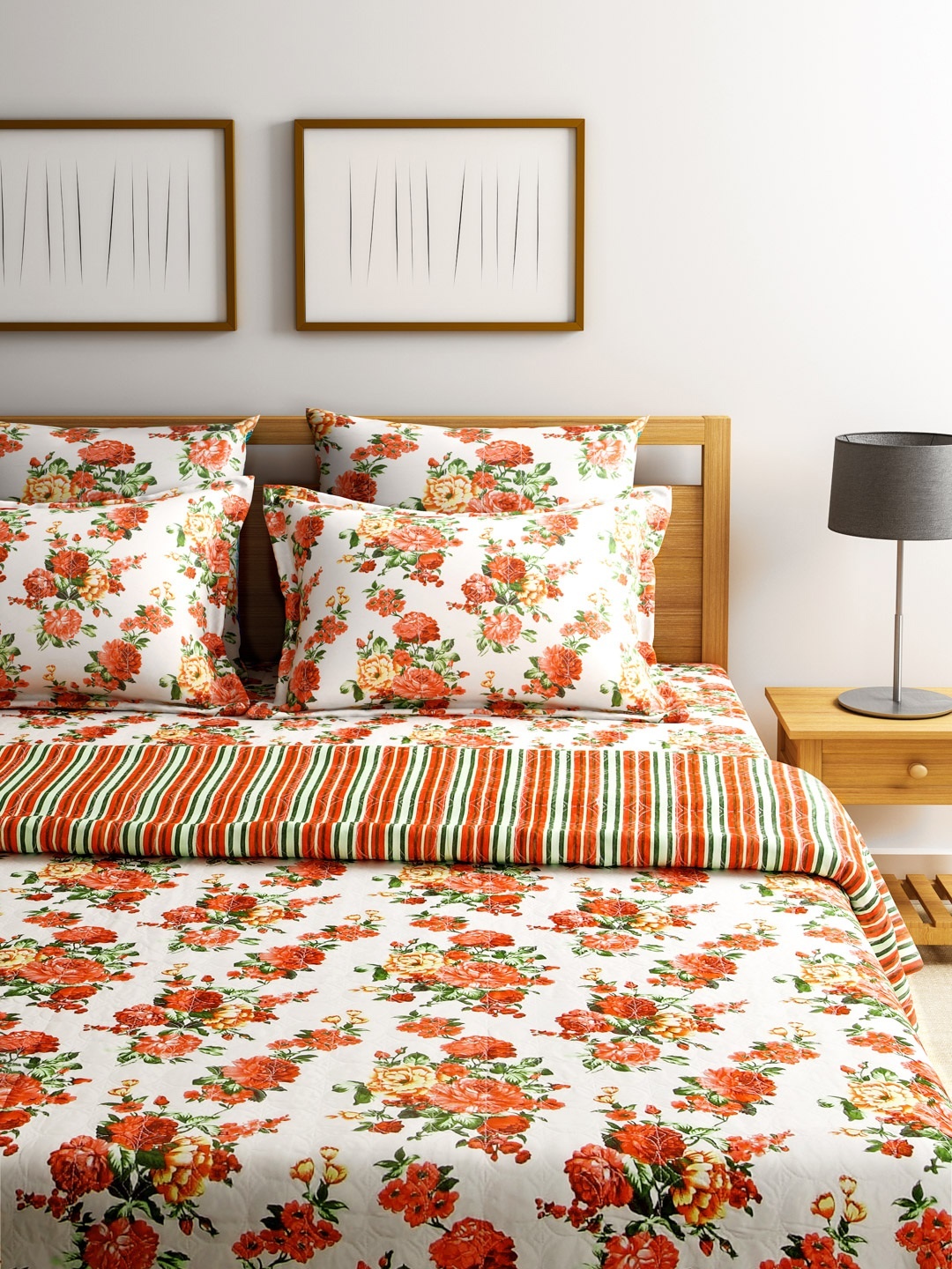 

SWHF White & Orange Set of 5 Floral AC Room 300 GSM Beddding Set