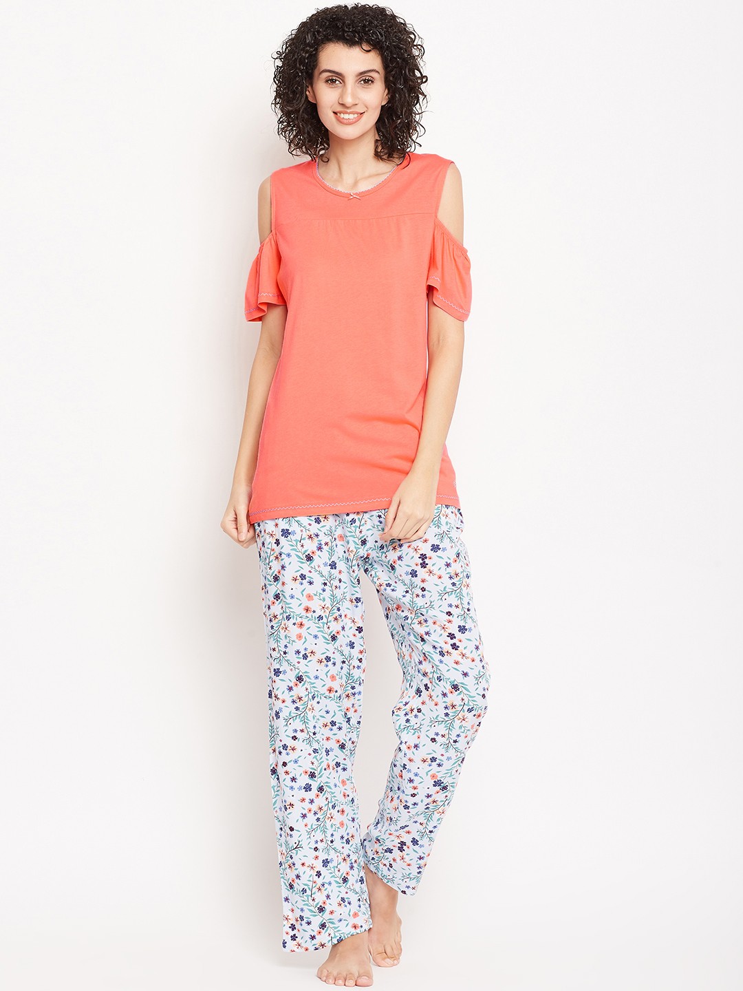 

Kanvin Women Coral Orange & Blue Solid Night Suit MJKSS18162A