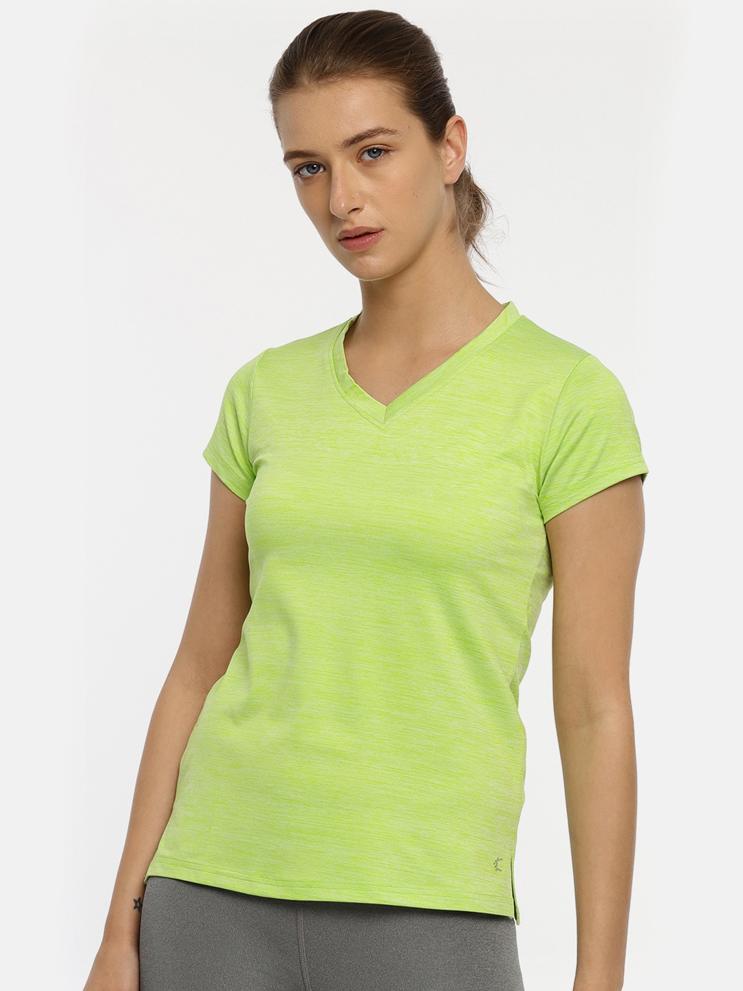

Kanvin Women Fluorescent Green Self Design V-Neck Activewear T-shirt