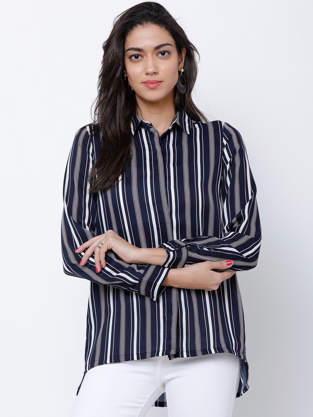 

Tokyo Talkies Women Navy Blue & White Regular Fit Striped Casual Shirt