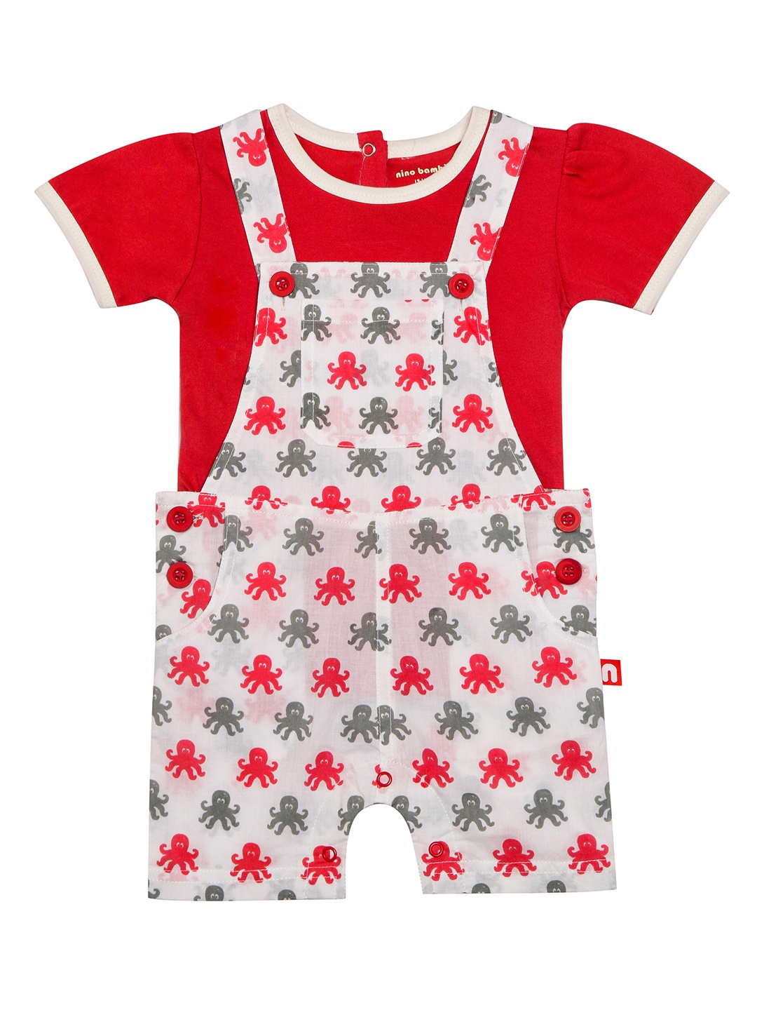 

Nino Bambino Girls Red & White Solid Organic Cotton T-shirt with Dungarees