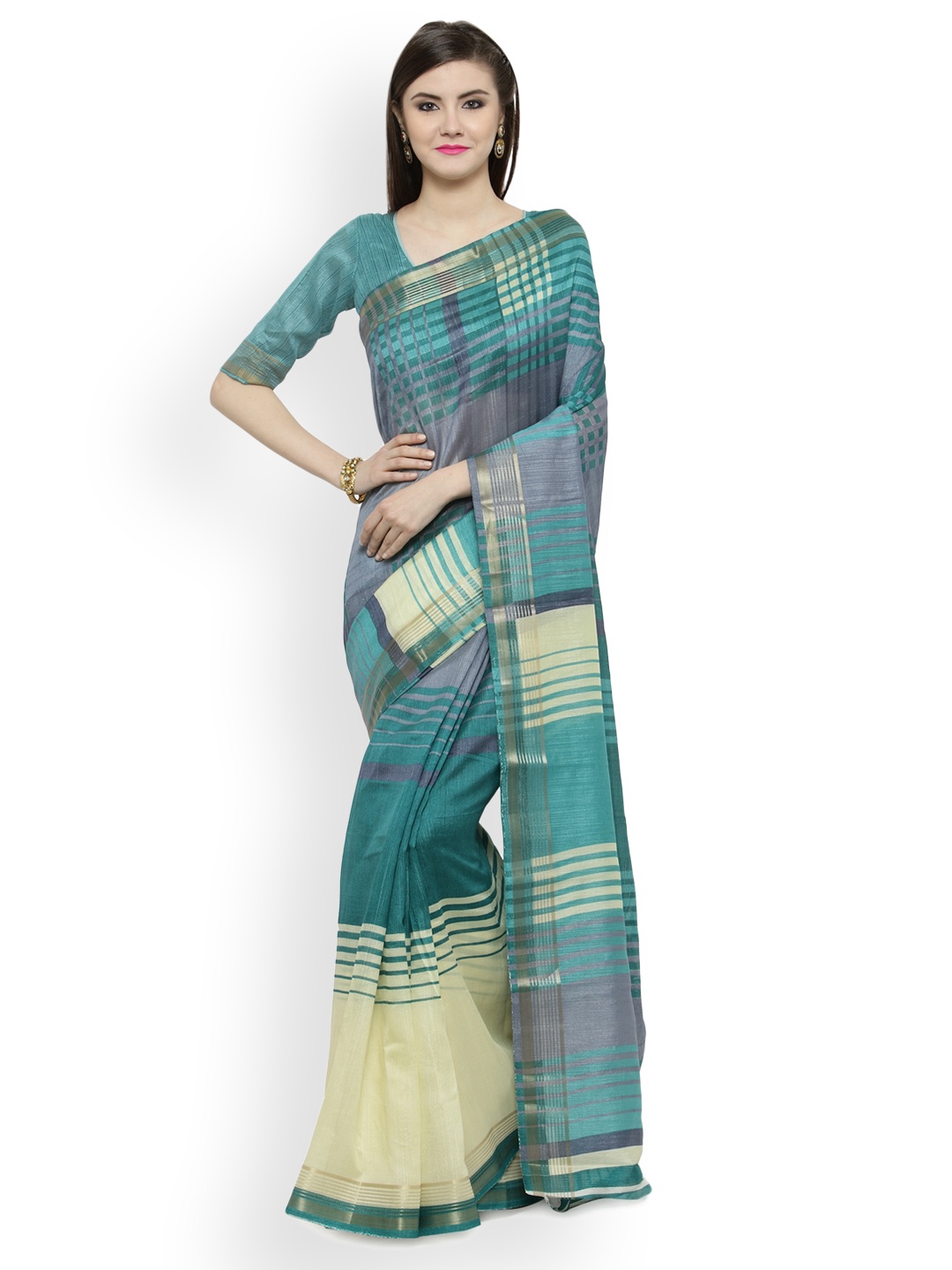 

Shaily Sea Green & Beige Silk Cotton Striped Saree