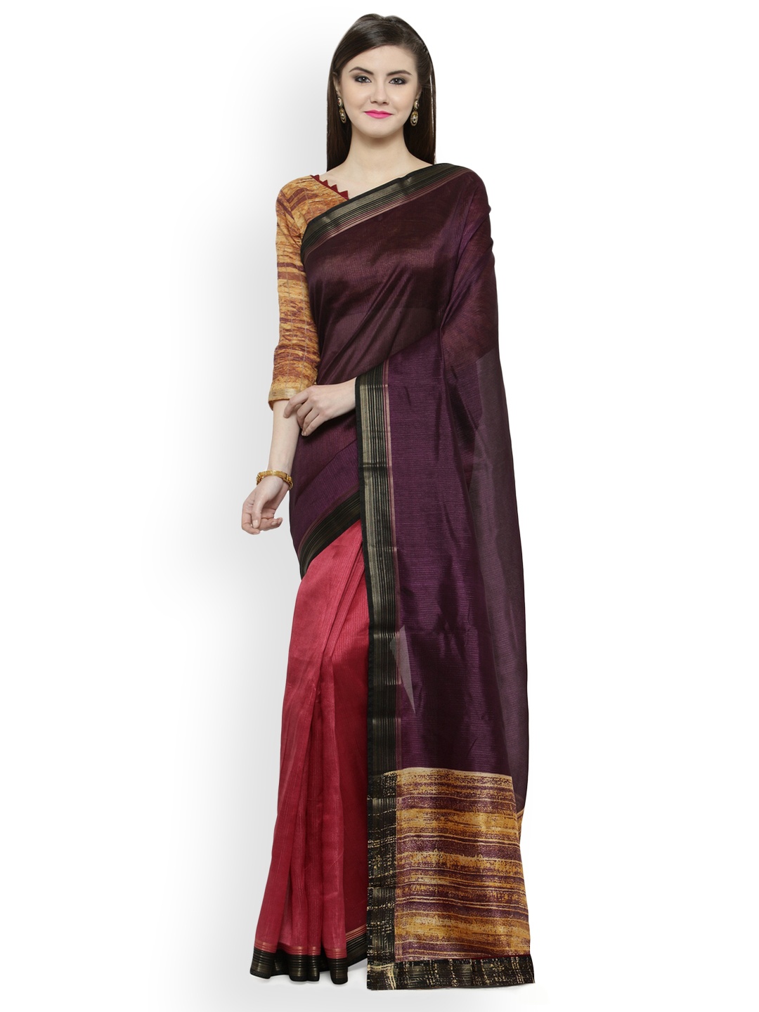 

Shaily Purple & Pink Silk Cotton Colourblocked Saree