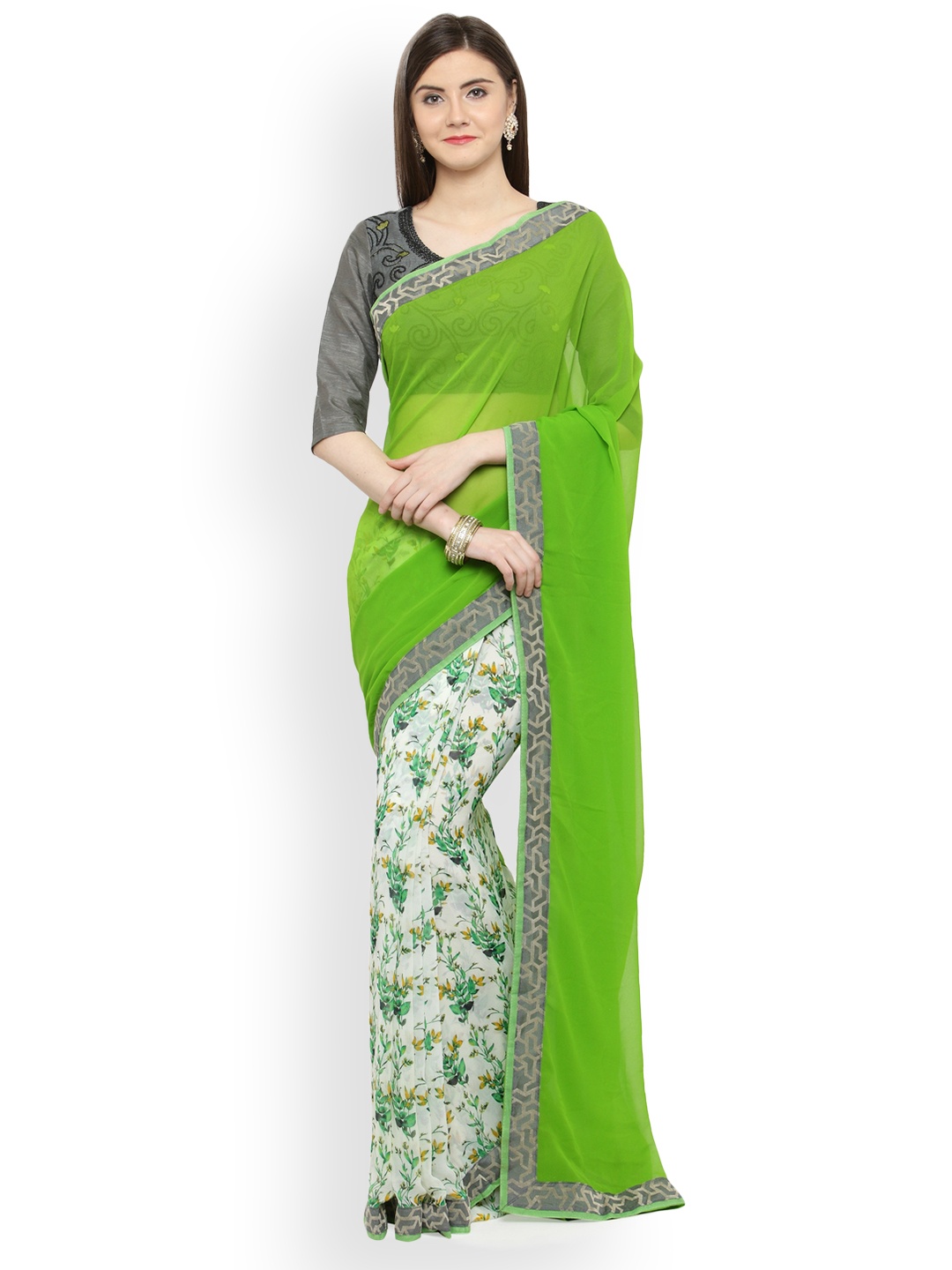 

Shaily Green & White Pure Georgette Printed Saree