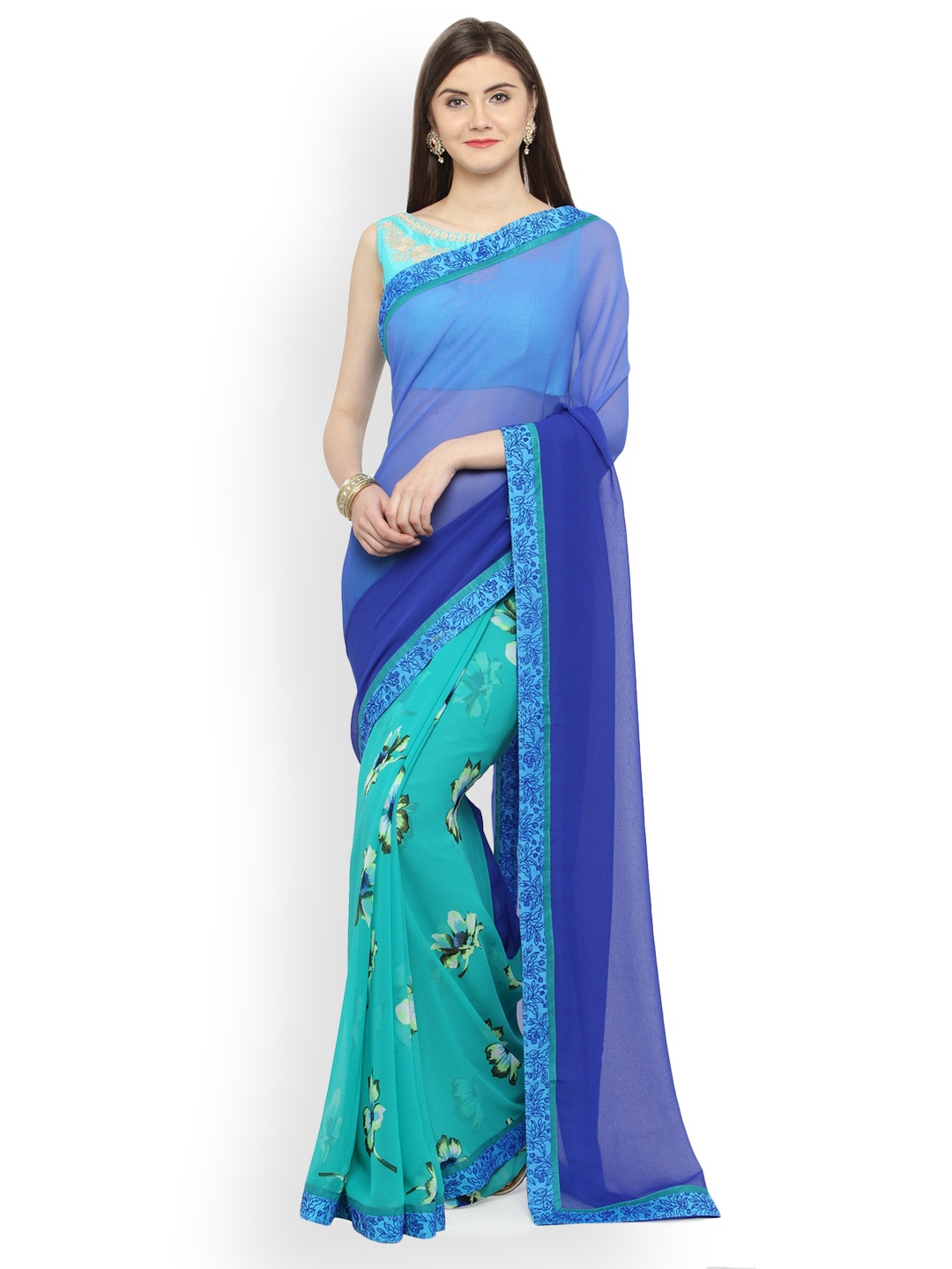 

Shaily Blue & Green Printed Pure Georgette Half & Half Floral Print Saree
